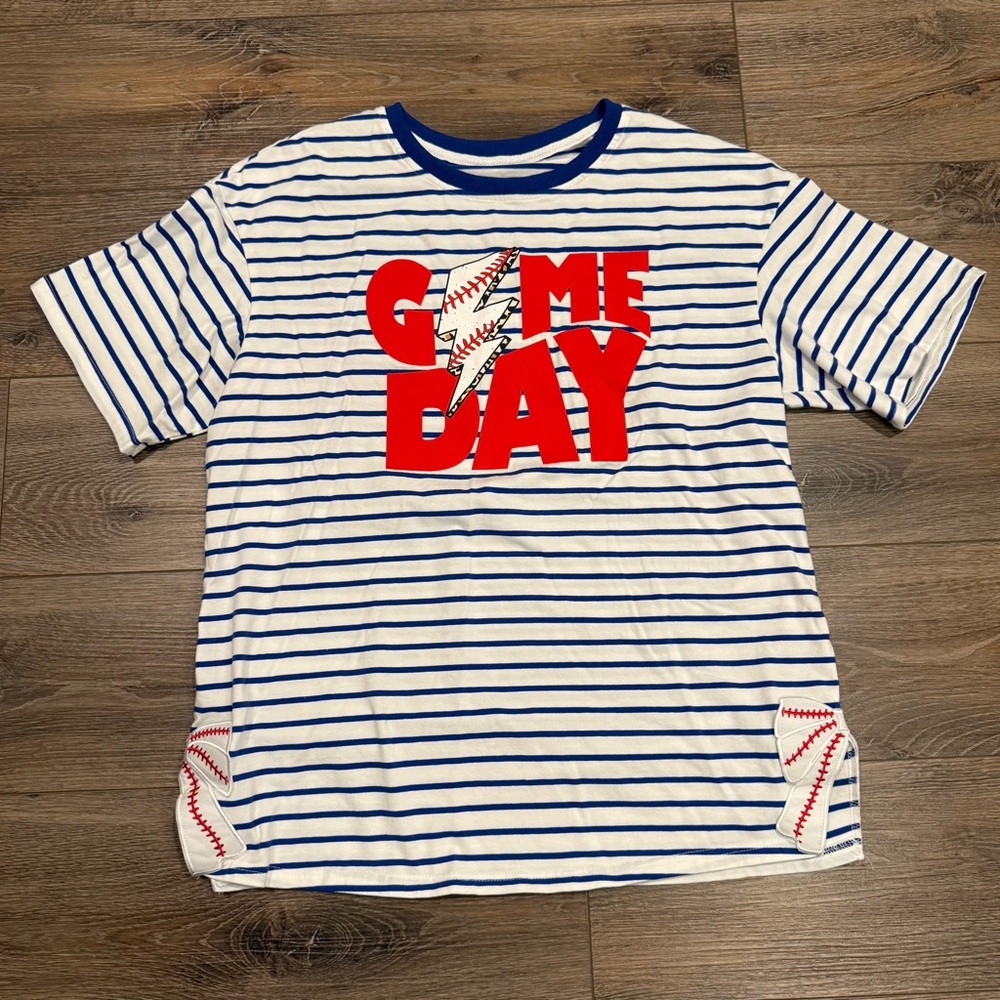 GAME DAY Striped Short Sleeve Tee - White & Blue